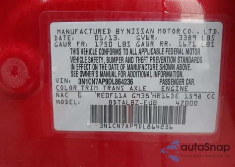 2013 Nissan Versa 1.6 Sv from USA, damaged, VIN 3N1CN7AP9DL864236